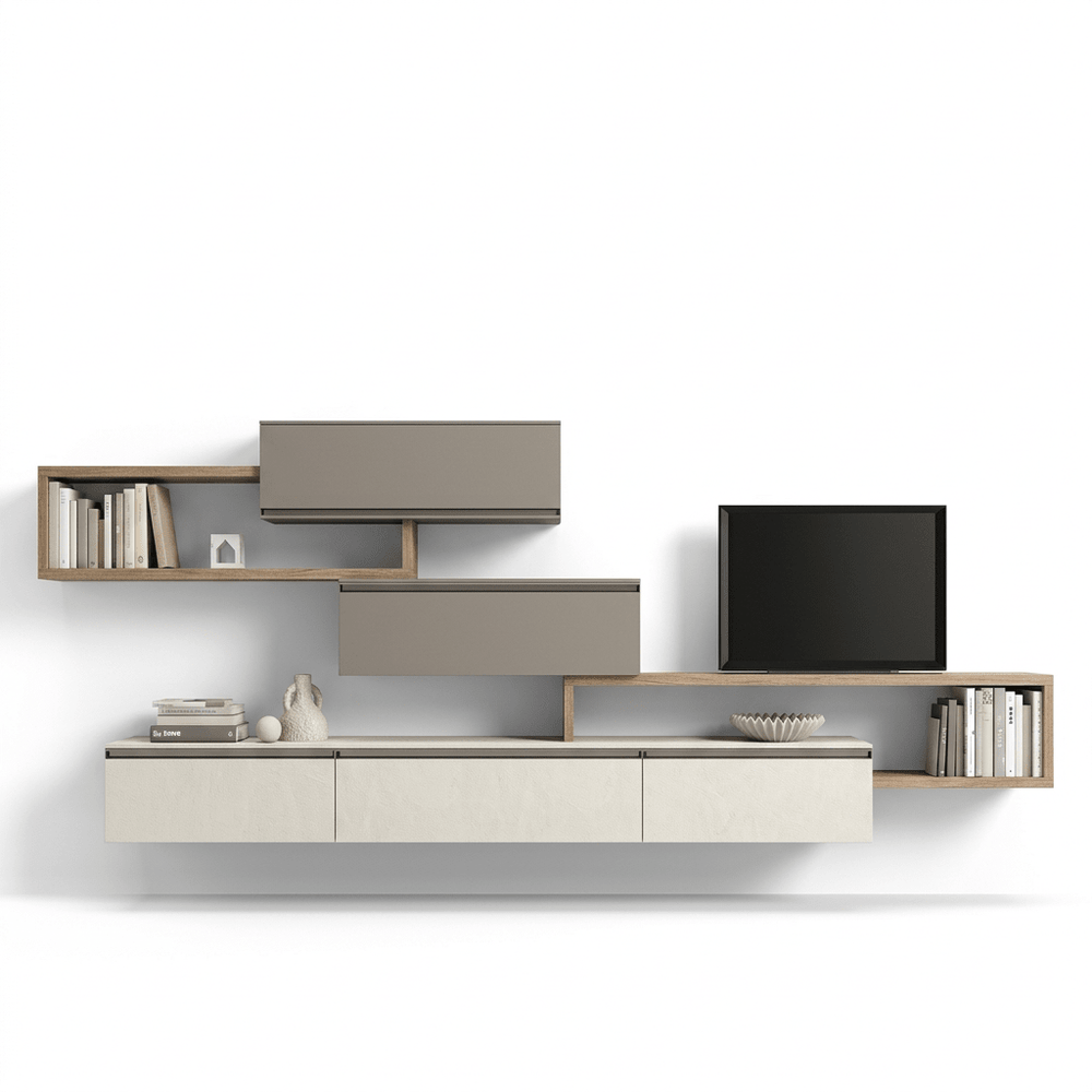 Cavento Luxury Italian TV Wall Unit | Floating Media Console with Architectural Wood Shelving