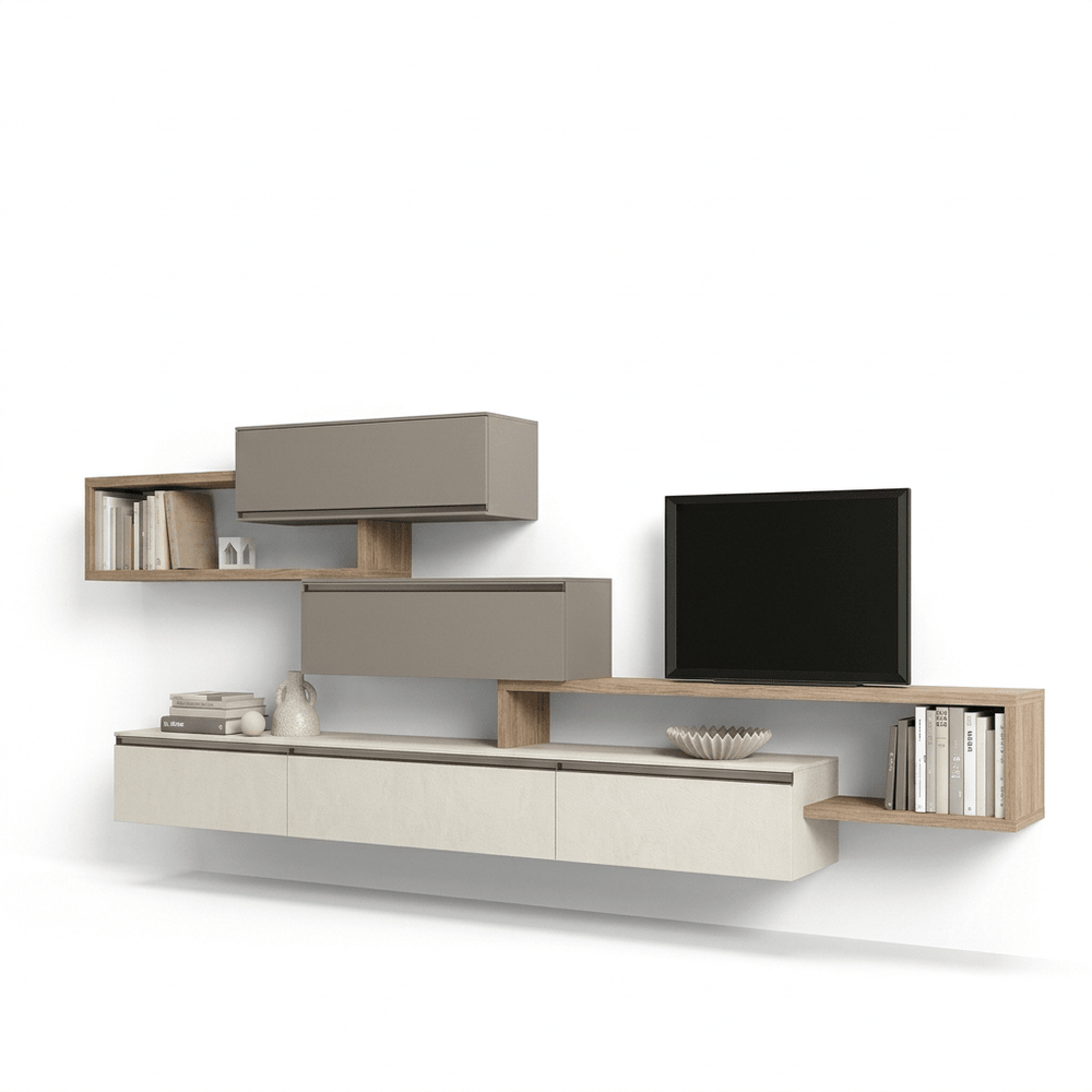 Cavento Luxury Italian TV Wall Unit | Floating Media Console with Architectural Wood Shelving - View 2
