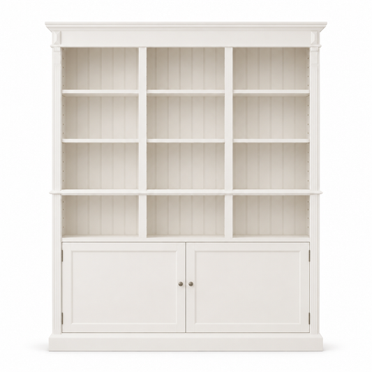Classic white lacquered pine Chambord bookcase with open shelves and panel doors, 180 cm wide, front view