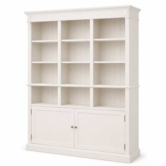 Classic white pine Chambord bookcase with crown moulding and lower cabinet doors, 180 cm, angled view