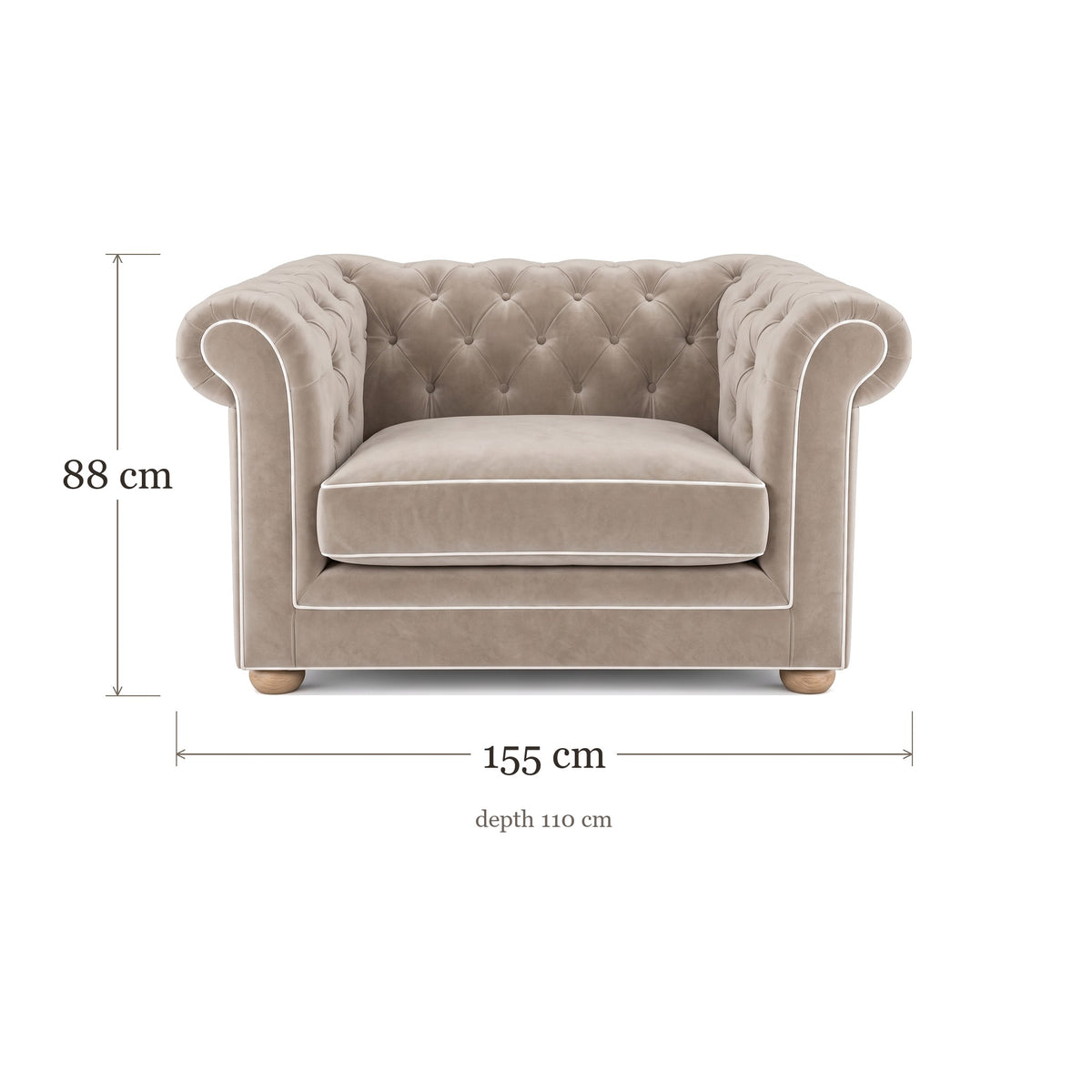 Chesterfield loveseat in greige velvet with white piping, dimensions 155 x 110 x 88 cm