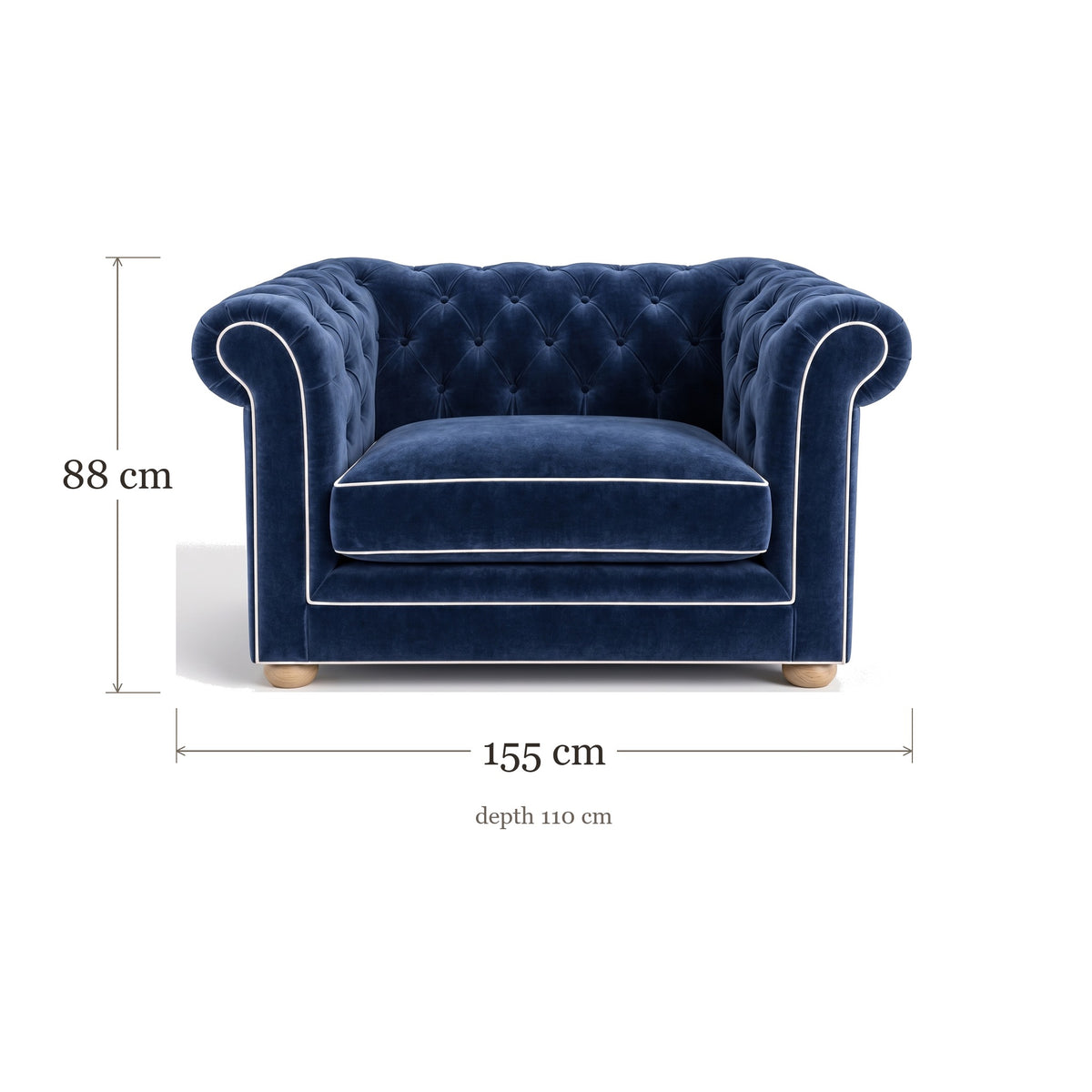 Chesterfield loveseat in navy blue velvet with white piping, dimensions 155 x 110 x 88 cm