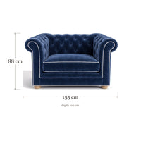 Chesterfield loveseat in navy blue velvet with white piping, dimensions 155 x 110 x 88 cm