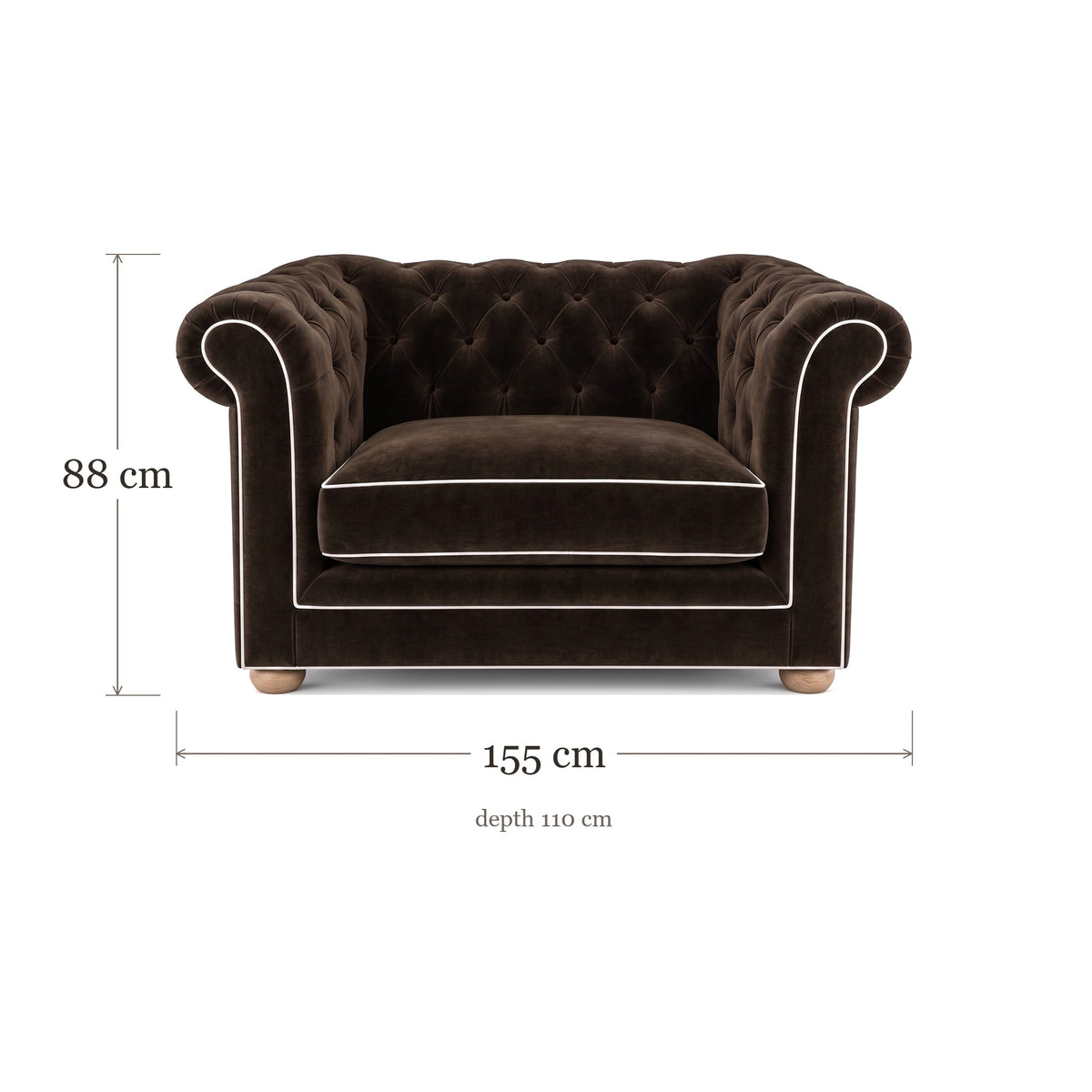 Chesterfield loveseat in espresso velvet with white piping, dimensions 155 x 110 x 88 cm
