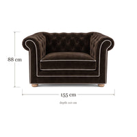 Chesterfield loveseat in espresso velvet with white piping, dimensions 155 x 110 x 88 cm