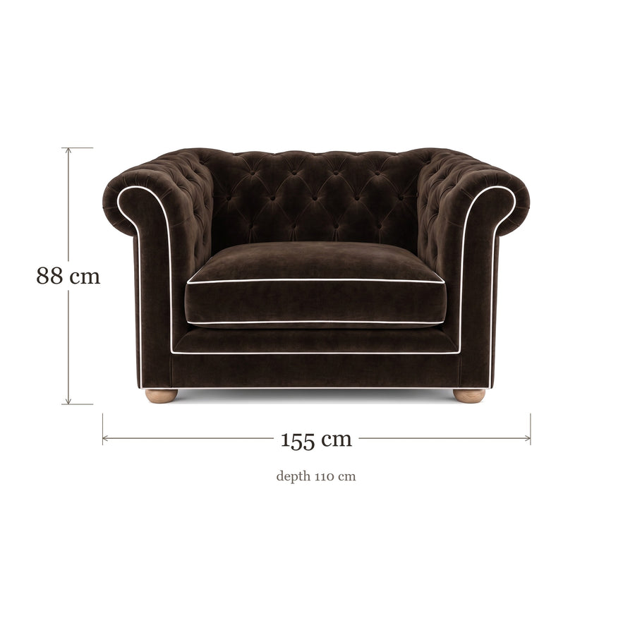Chesterfield loveseat in espresso velvet with white piping, dimensions 155 x 110 x 88 cm