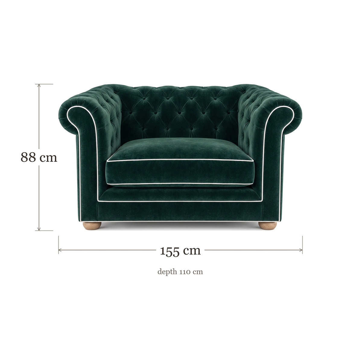 Chesterfield loveseat in forest green velvet with white piping, dimensions 155 x 110 x 88 cm