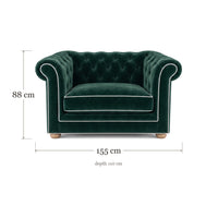 Chesterfield loveseat in forest green velvet with white piping, dimensions 155 x 110 x 88 cm