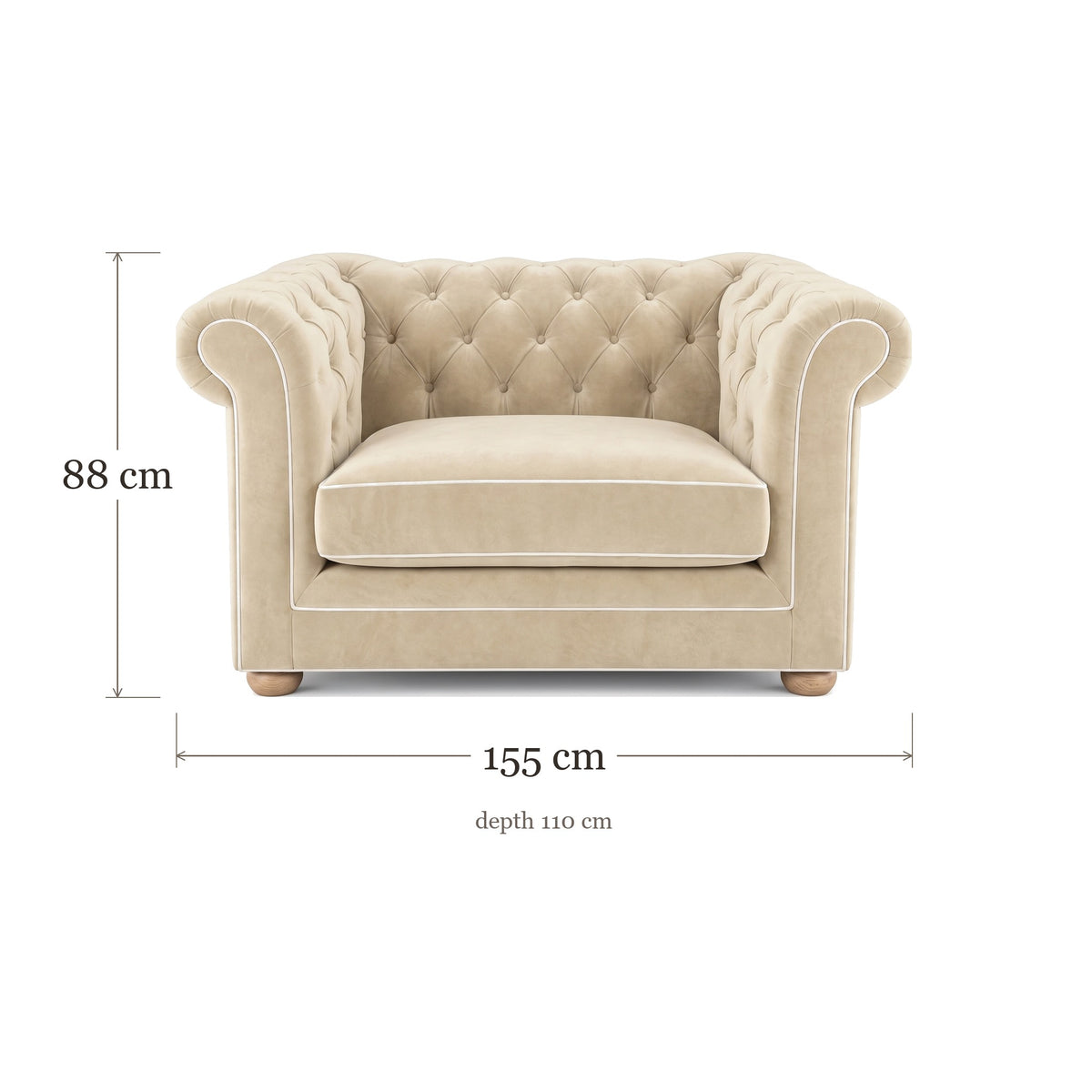 Chesterfield loveseat in cream velvet with white piping, dimensions 155 x 110 x 88 cm