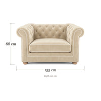 Chesterfield loveseat in cream velvet with white piping, dimensions 155 x 110 x 88 cm
