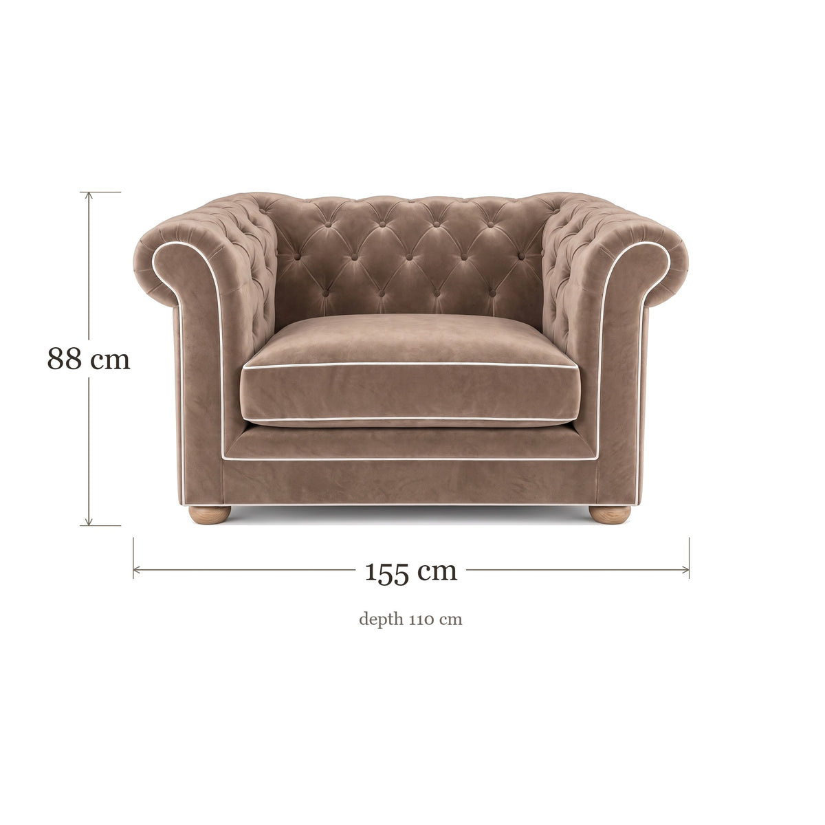 Chesterfield loveseat in beige velvet with white piping, dimensions 155 x 110 x 88 cm
