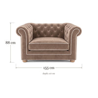 Chesterfield loveseat in beige velvet with white piping, dimensions 155 x 110 x 88 cm