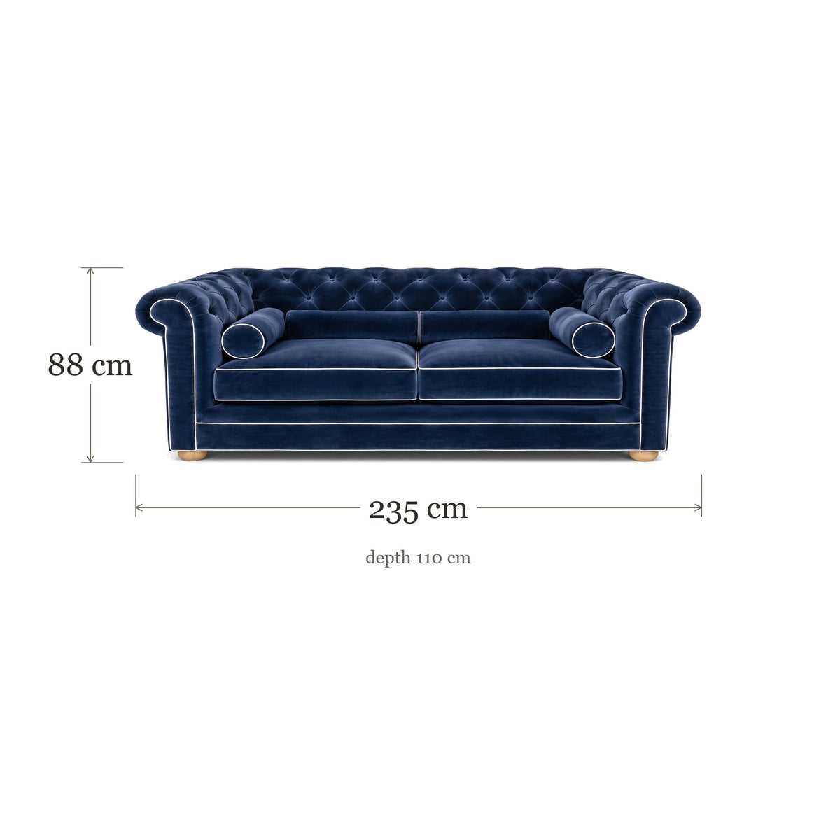 Chesterfield sofa in navy blue velvet with white piping, dimensions 235 x 110 x 88 cm