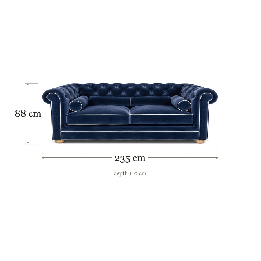 Chesterfield sofa in navy blue velvet with white piping, dimensions 235 x 110 x 88 cm