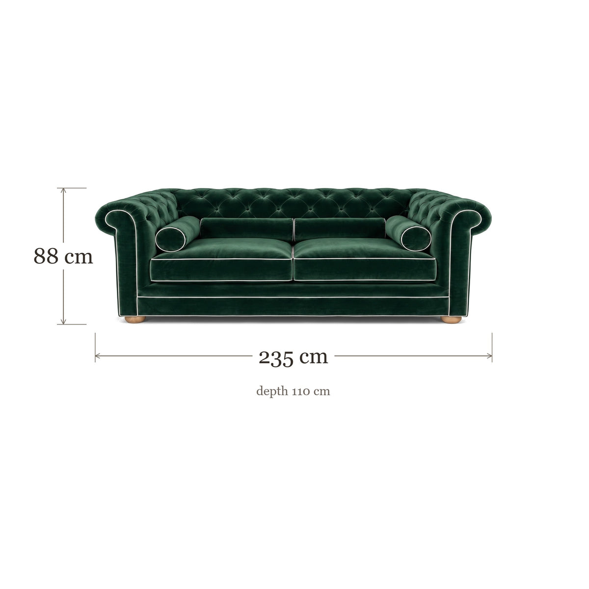 Chesterfield sofa in forest green velvet with white piping, dimensions 235 x 110 x 88 cm