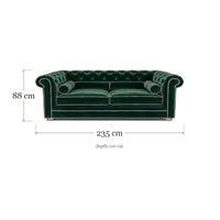Chesterfield sofa in forest green velvet with white piping, dimensions 235 x 110 x 88 cm