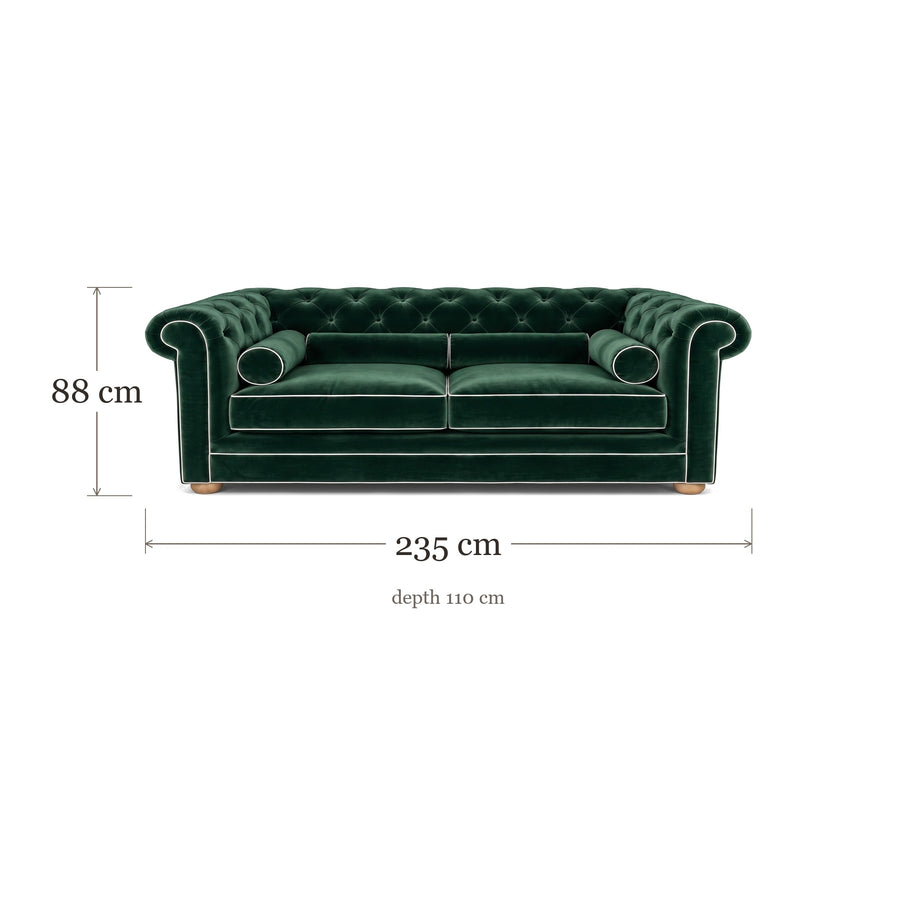 Chesterfield sofa in forest green velvet with white piping, dimensions 235 x 110 x 88 cm