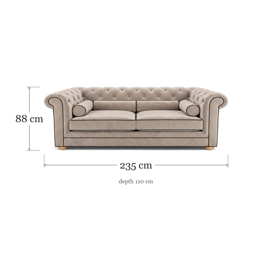 Chesterfield sofa in greige velvet with black piping, dimensions 235 x 110 x 88 cm
