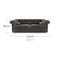 Chesterfield sofa in grey velvet with white piping, dimensions 235 x 110 x 88 cm