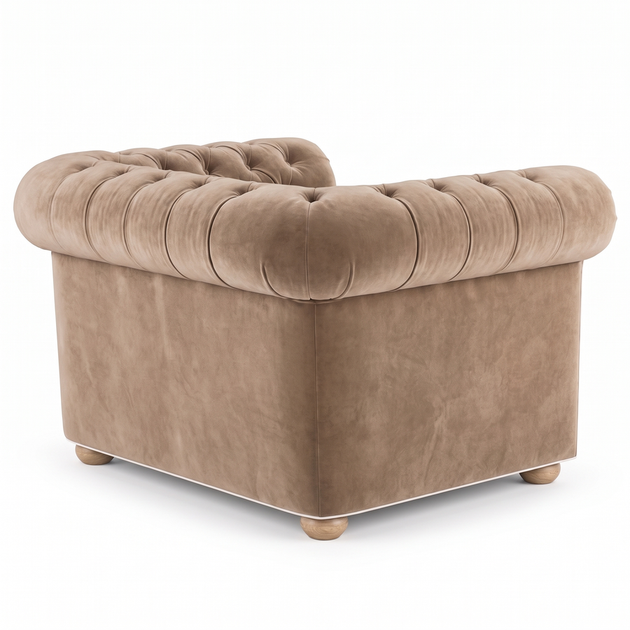 Chesterfield loveseat in beige velvet with white piping, rear view