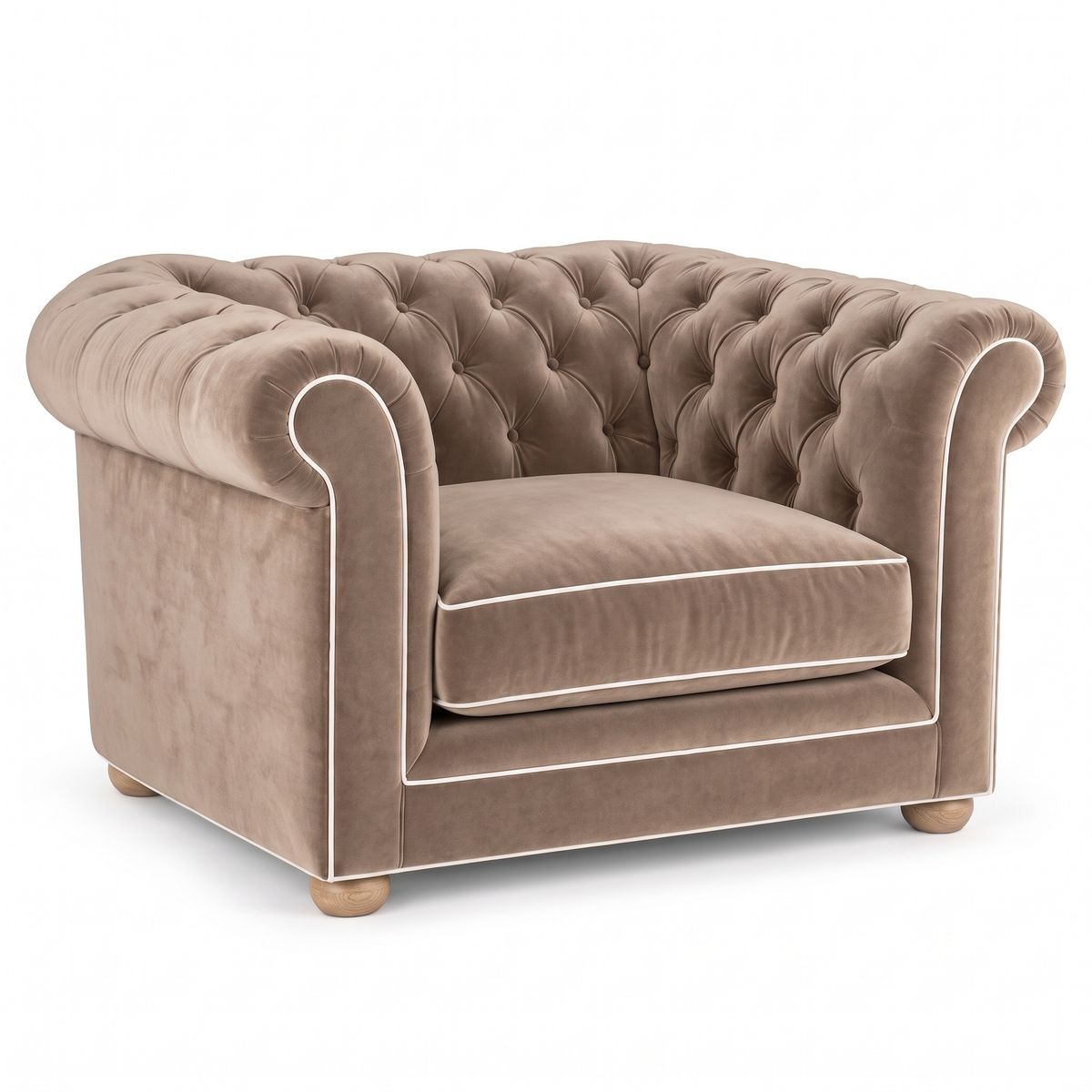 Chesterfield loveseat in beige velvet with white piping, three-quarter view