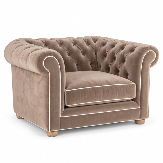 Chesterfield loveseat in beige velvet with white piping, three-quarter view