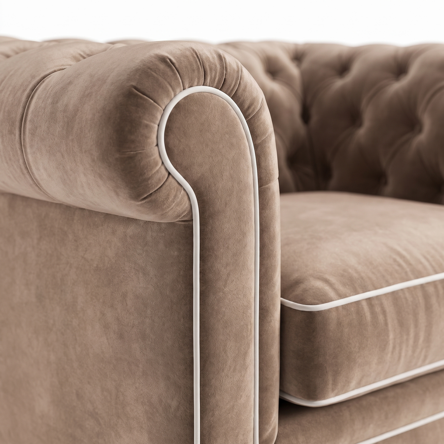 Chesterfield loveseat in beige velvet with white piping, velvet and piping detail