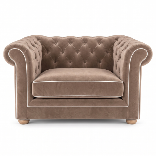 Chesterfield loveseat in beige velvet with white piping, front view