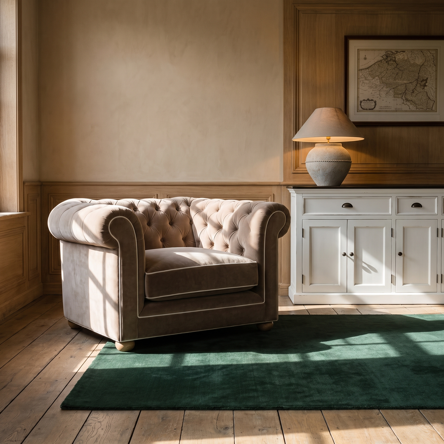 Chesterfield loveseat in beige velvet with white piping in a classic living room