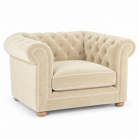 Chesterfield loveseat in cream velvet with white piping, three-quarter view