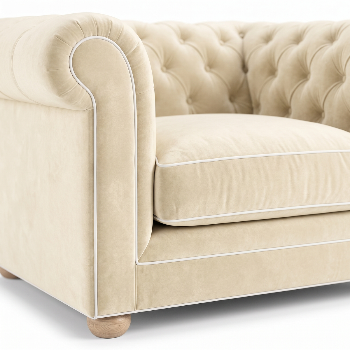 Chesterfield loveseat in cream velvet with white piping, velvet and piping detail