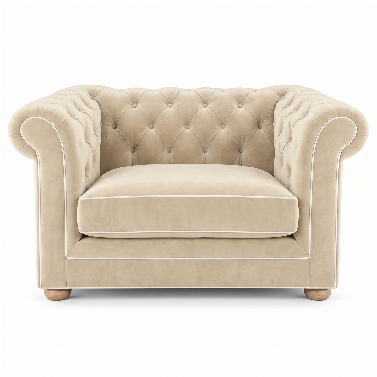 Chesterfield loveseat in cream velvet with white piping, front view