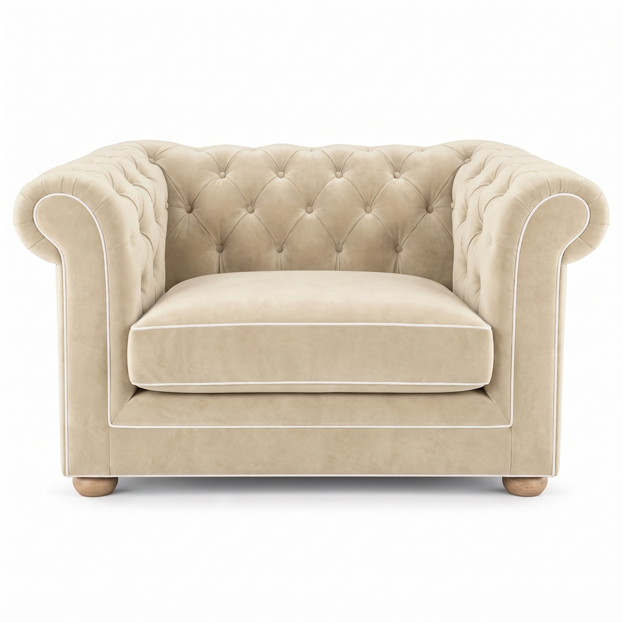 Chesterfield loveseat in cream velvet with white piping, front view