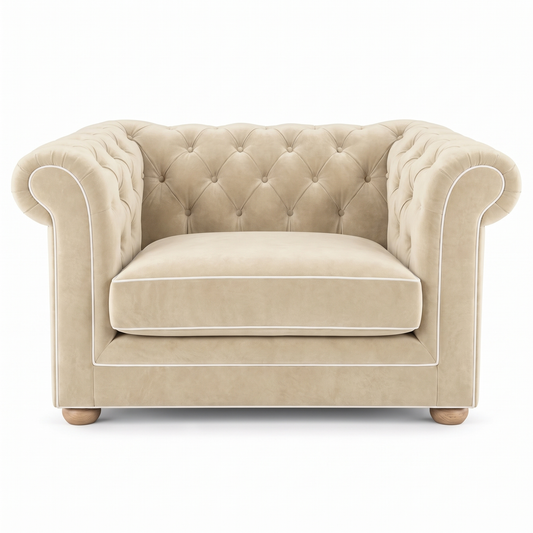 Chesterfield loveseat in cream velvet with white piping, front view