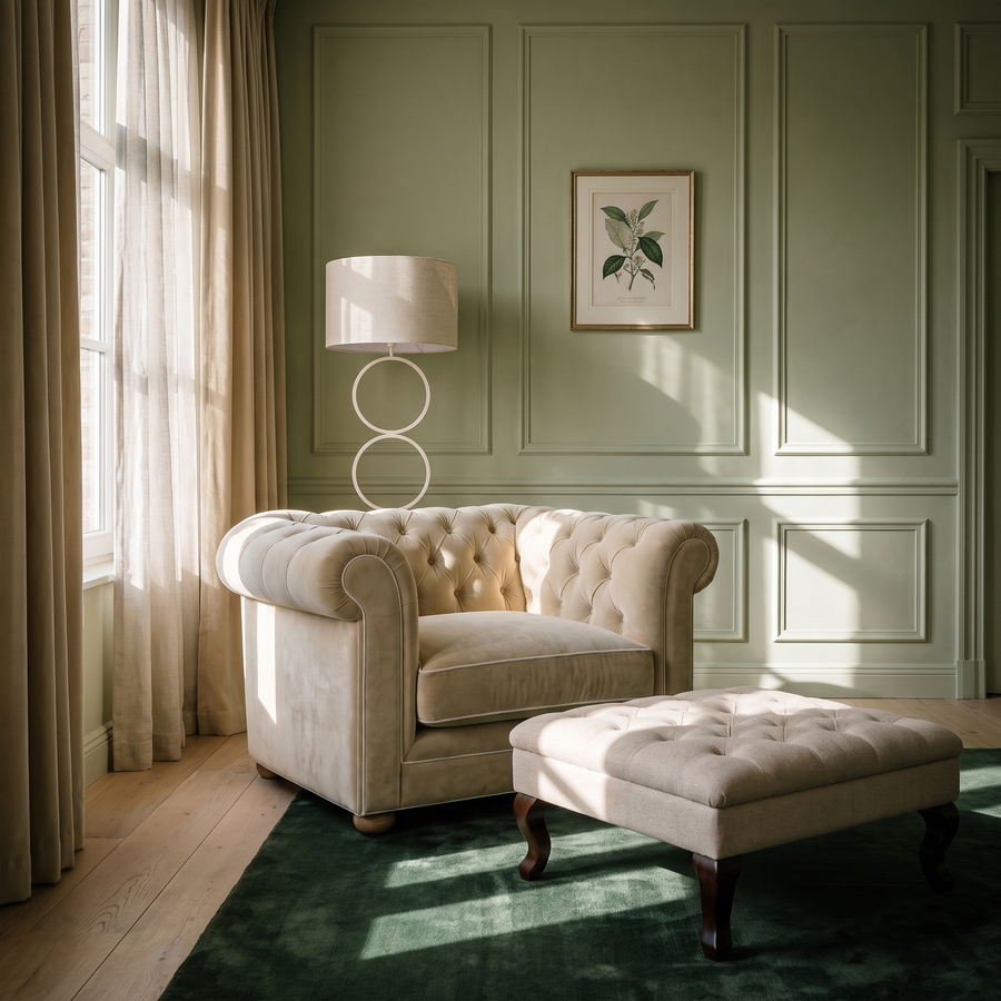 Chesterfield loveseat in cream velvet with white piping in a classic living room