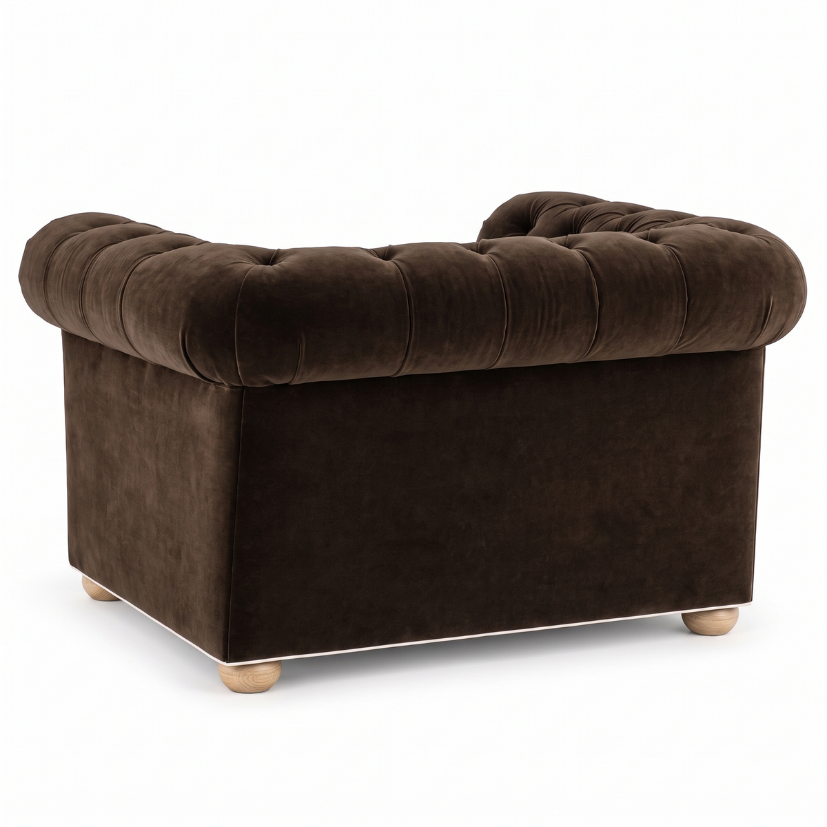 Chesterfield loveseat in espresso velvet with white piping, rear view