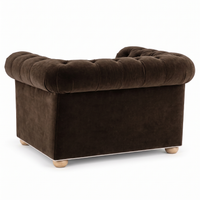 Chesterfield loveseat in espresso velvet with white piping, rear view
