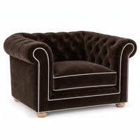 Chesterfield loveseat in espresso velvet with white piping, three-quarter view