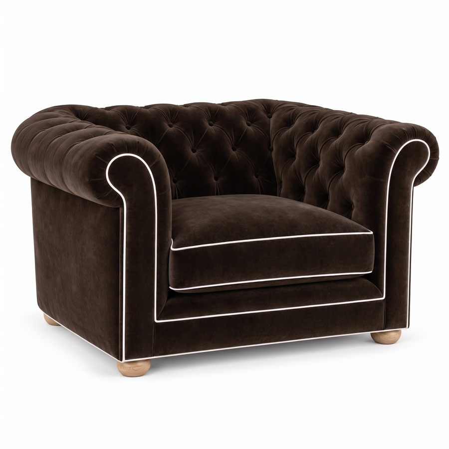 Chesterfield loveseat in espresso velvet with white piping, three-quarter view