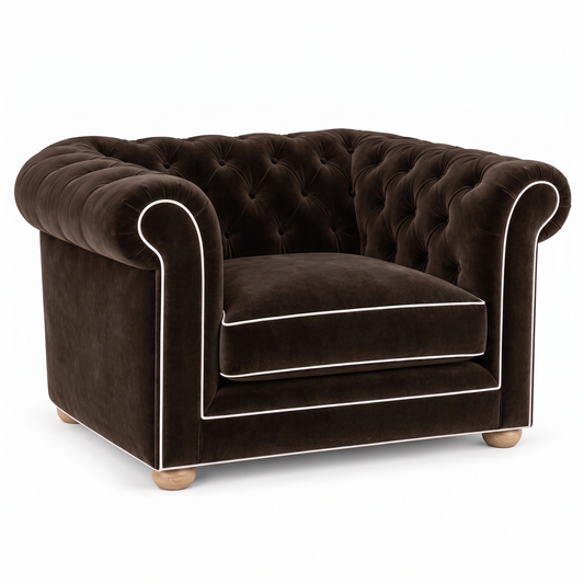 Chesterfield loveseat in espresso velvet with white piping, three-quarter view