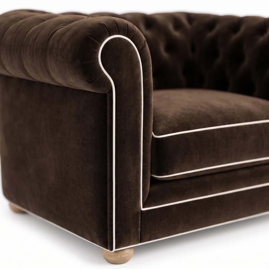 Chesterfield loveseat in espresso velvet with white piping, velvet and piping detail