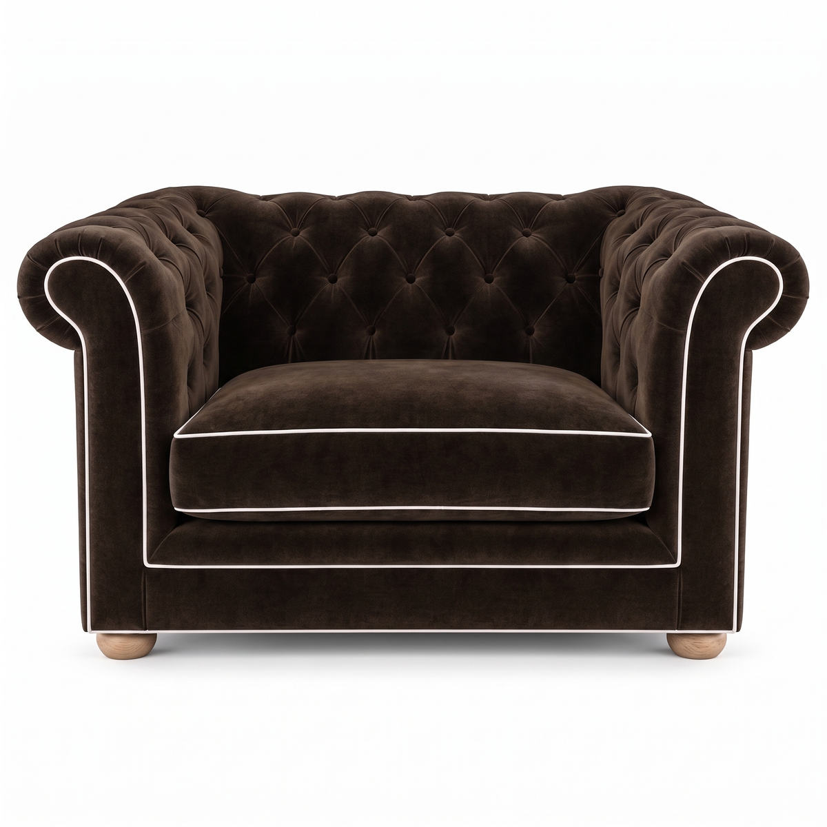 Chesterfield loveseat in espresso velvet with white piping, front view