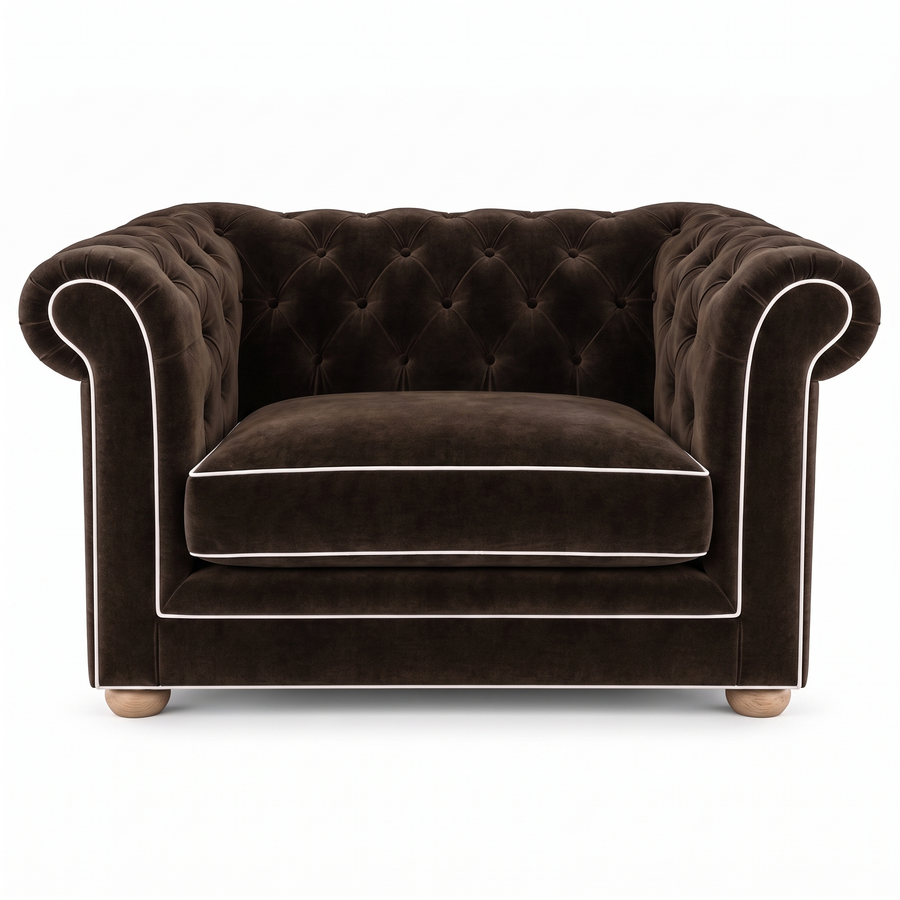 Chesterfield loveseat in espresso velvet with white piping, front view