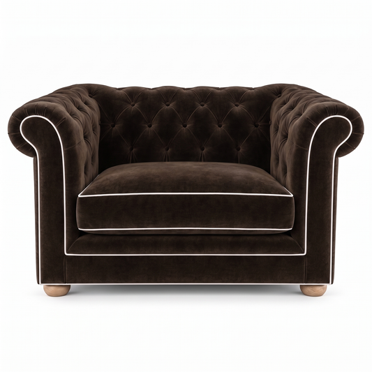 Chesterfield loveseat in espresso velvet with white piping, front view