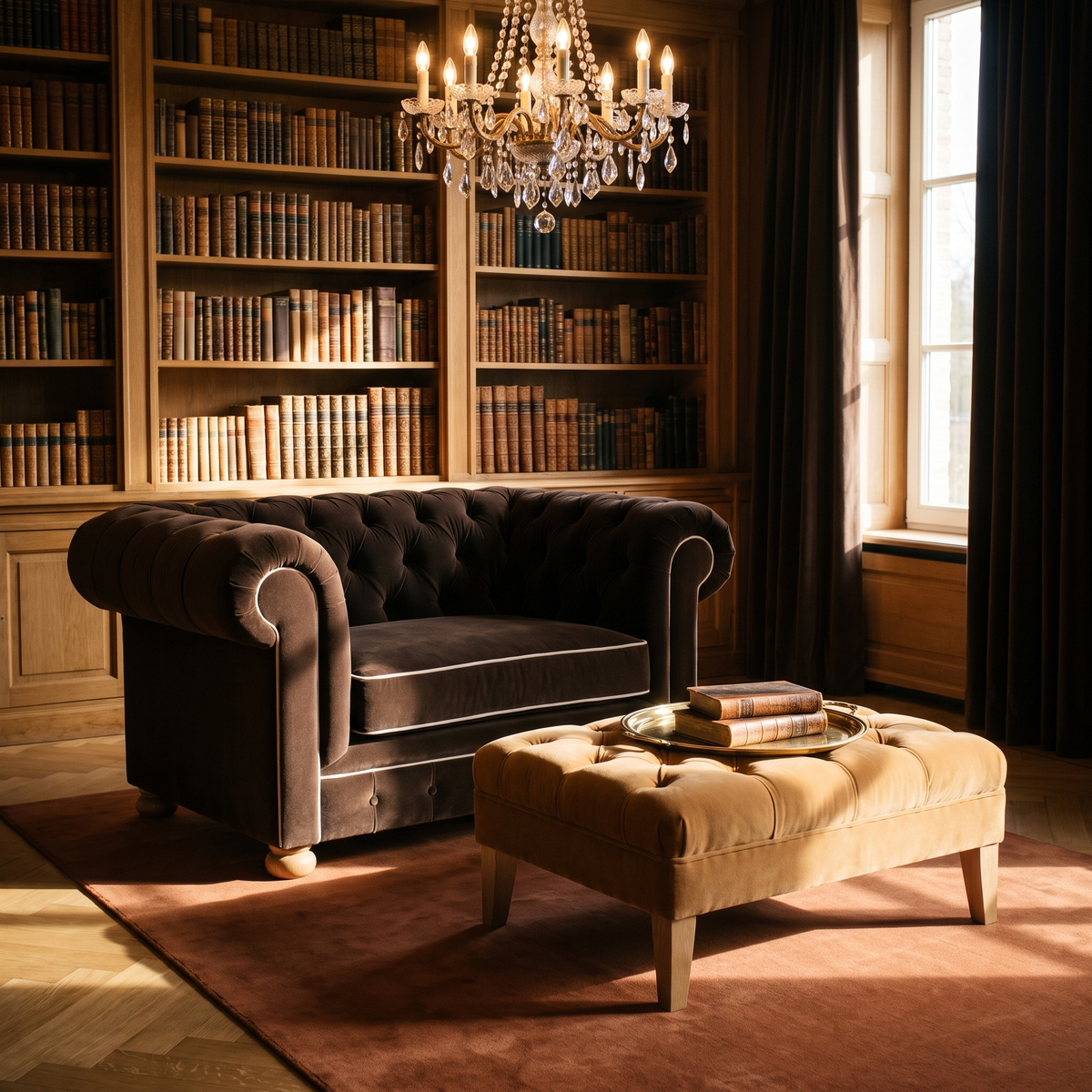 Chesterfield loveseat in espresso velvet with white piping in a classic living room