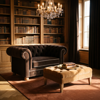 Chesterfield loveseat in espresso velvet with white piping in a classic living room