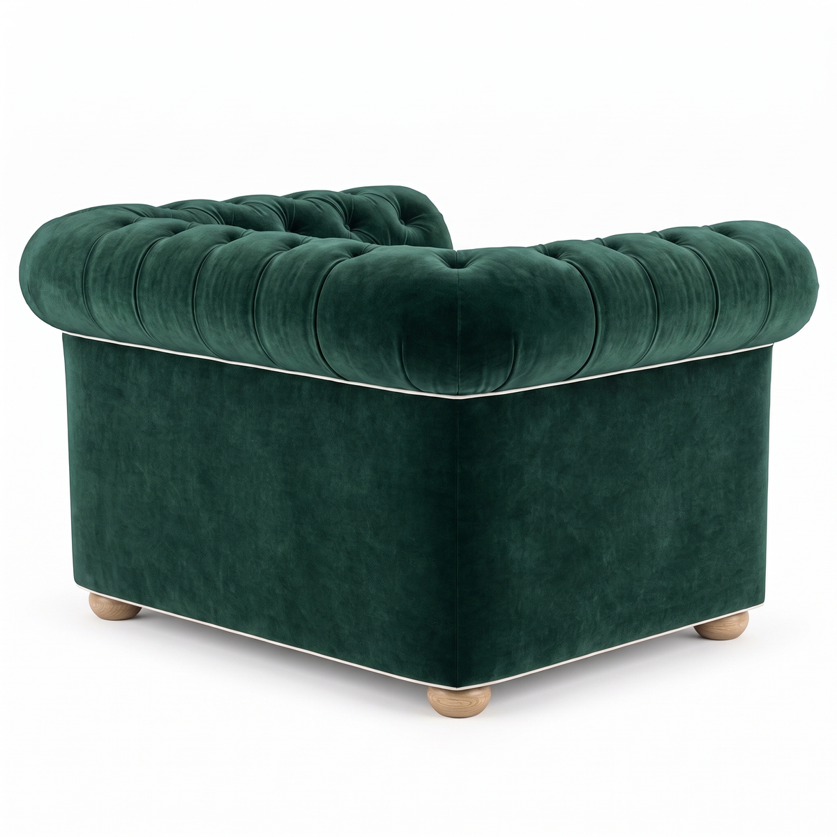 Chesterfield loveseat in forest green velvet with white piping, rear view