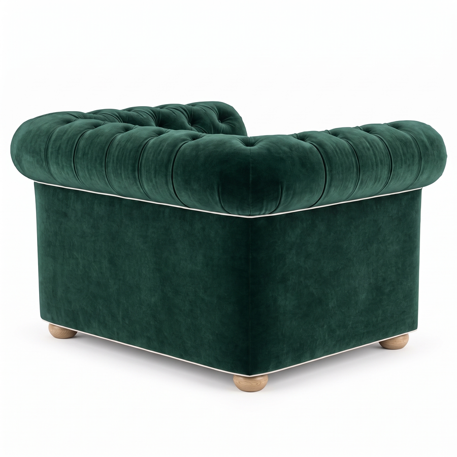 Chesterfield loveseat in forest green velvet with white piping, rear view