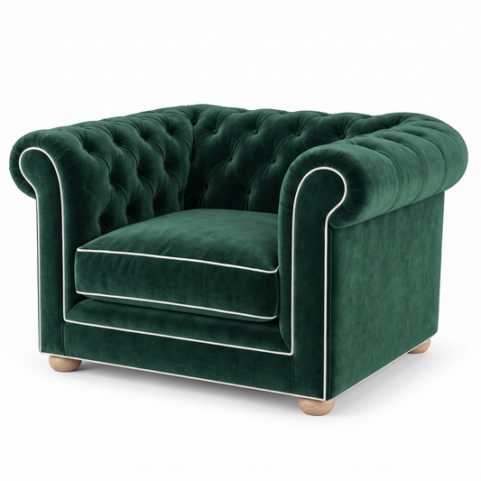 Chesterfield loveseat in forest green velvet with white piping, three-quarter view