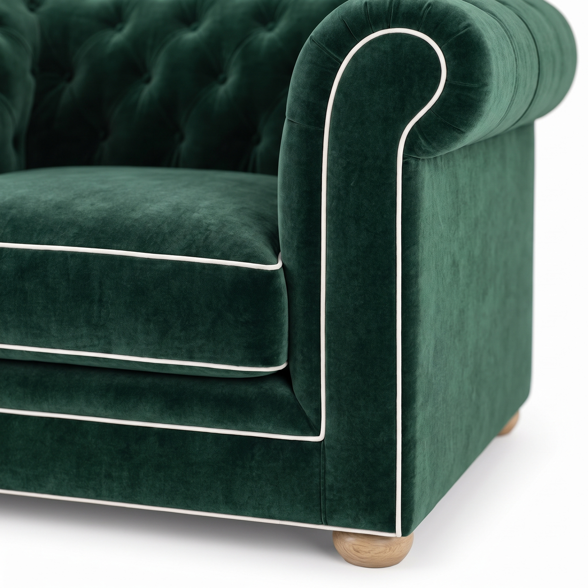 Chesterfield loveseat in forest green velvet with white piping, velvet and piping detail